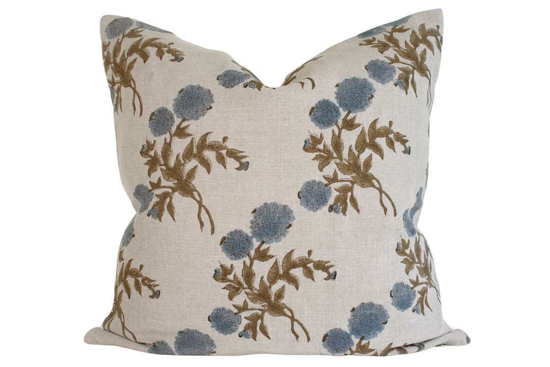 Indian Block Print Pillow Cover Natural, Slate Blue, Olive Brown Floral - Etsy | Etsy (US)