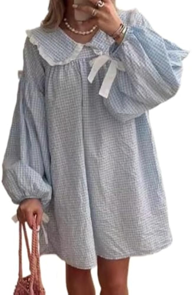 Leopard Print Babydoll Dress for Women Peter Pan Collar Blouse Cheetah Long Sleeve A-Line Cotton ... | Amazon (US)