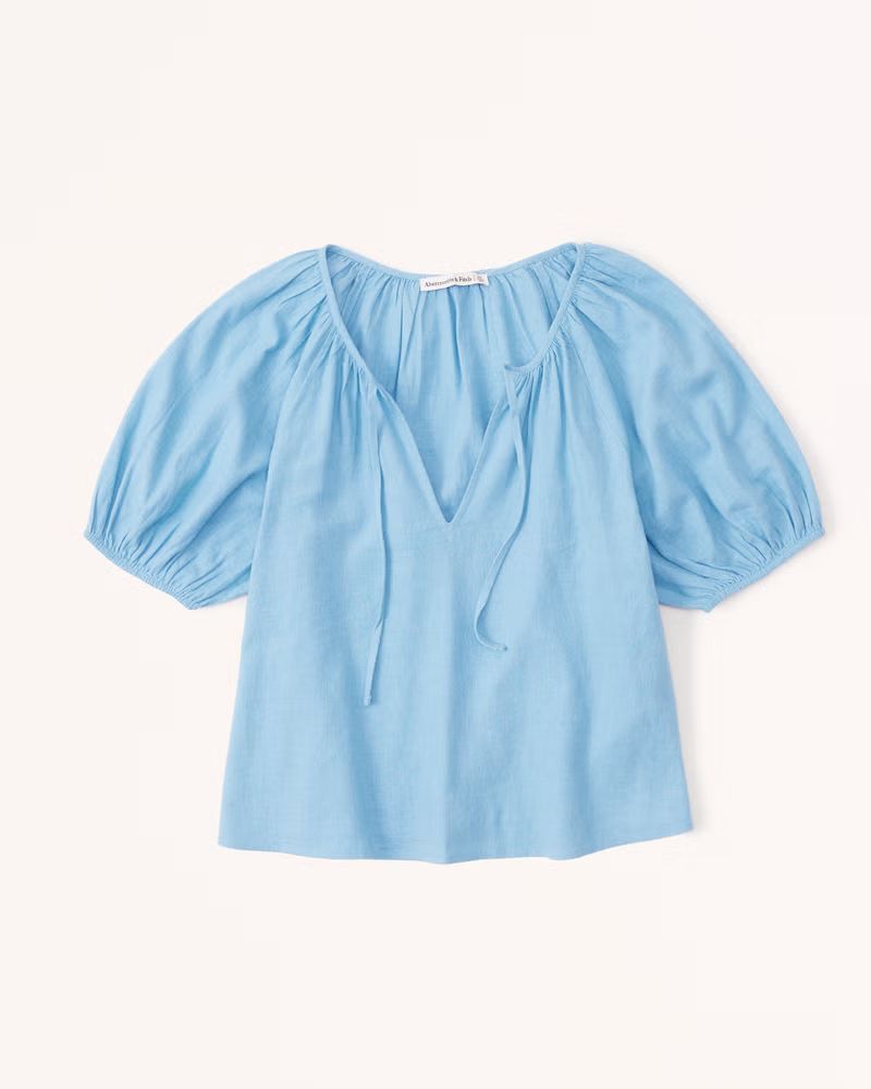 Short-Sleeve Linen-Blend Peasant Top | Abercrombie & Fitch (US)