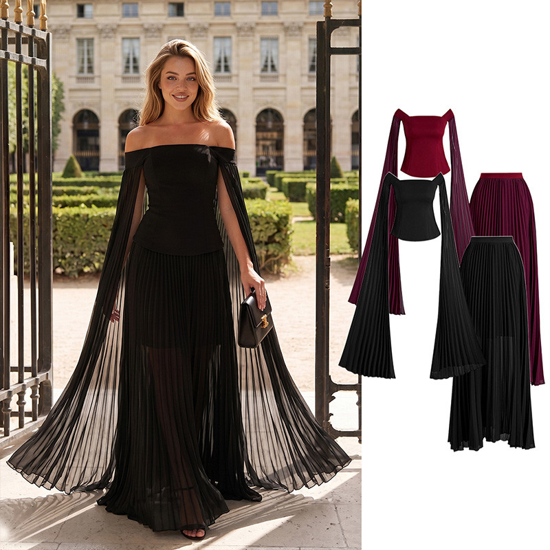 Magnificent Cape Sleeve Off-Shoulder Top and Maxi Skirt Set in Black for Formal Occasions & Speci... | Chicwish