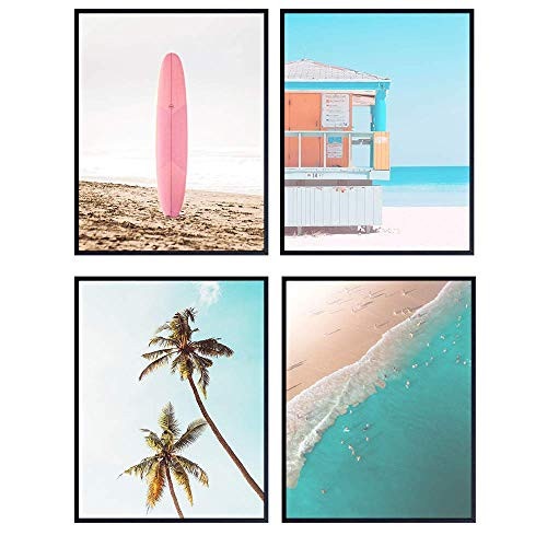 Ocean Art Print Set - Tropical Palm Trees and Surfing Wall Art Posters - Unique Home Decor for Lake  | Amazon (US)