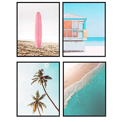 Ocean Art Print Set - Tropical Palm Trees and Surfing Wall Art Posters - Unique Home Decor for Lake  | Amazon (US)