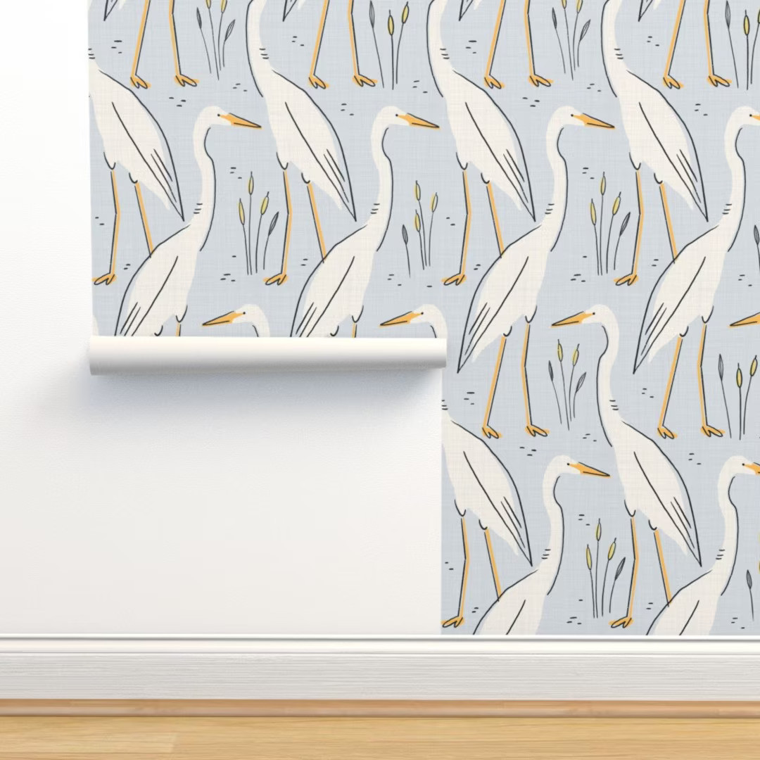 Coastal Heron Wallpaper - Harry The Heron by amy_maccready - Marsh Lake Birds Soft Blue  Removabl... | Etsy (US)