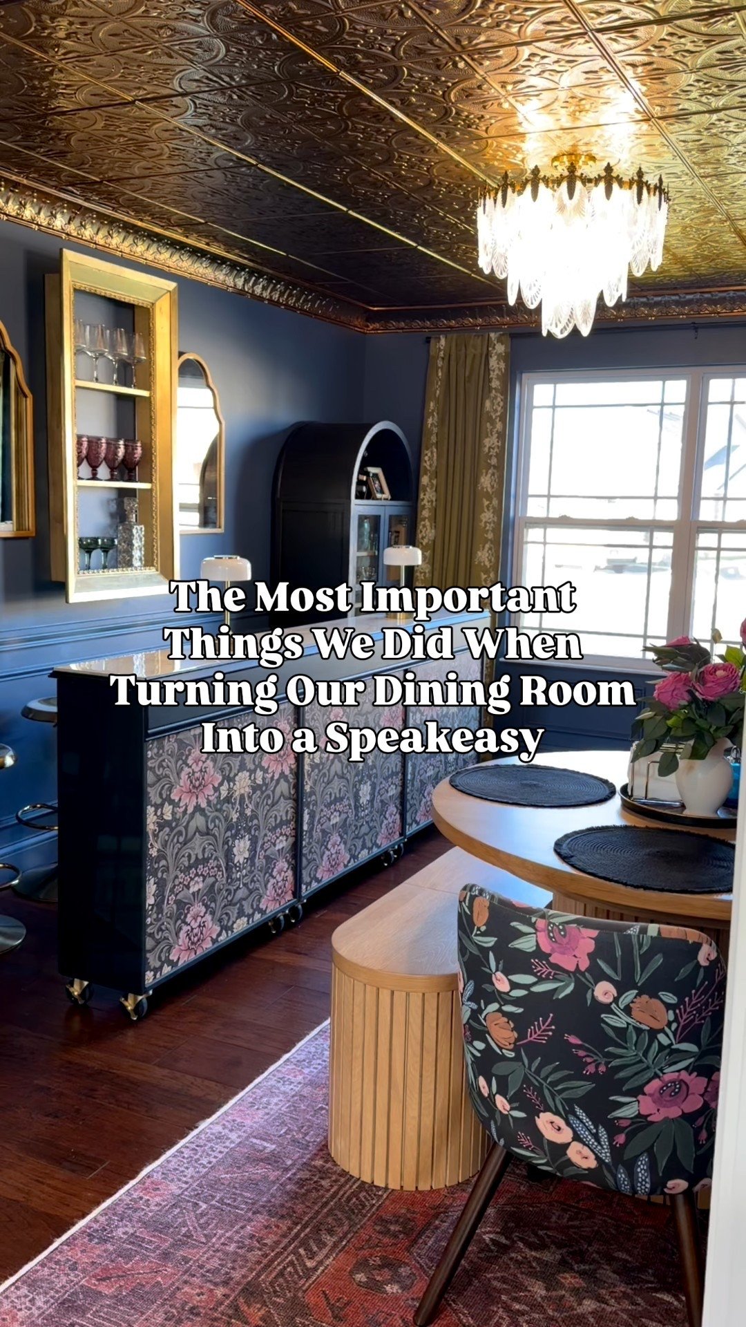 - Mobile bar - I used 3 IKEA Ivar cabinets & joined them from the inside using standard cabinet screws. We store liquor bottles in here so I used industrial level casters due to the weight of the cabinets when full. The pretty ones don’t have a high enough weight limit so I added gold leaf paint to these! Peel & stick wallpaper & wood corner embellishments gave it a fun vibe & marble counter tops were too $$$$ for us so we used marble floor tiles for the top!
- Frame wall shelf - I thrifted this $4 frame & Kevin built out a wood box behind it + shelves then I painted it all gold with my fav brass spray paint. 
- Transformer Table is not able to be linked here BUT if you go to their website, you can use discount code ALISSA100 at checkout! I cannot say enough good things about not just the versatility but the QUALITY is unmatched! And there are several other styles and colors! 
*I am linking a Walmart extendable dining table here as well. I have seen it in person & I am honestly impressed by it! To be clear, the quality is NOT the same & it’s much smaller but a great more affordable option!

#LTKOver40 #LTKHome #LTKHoliday