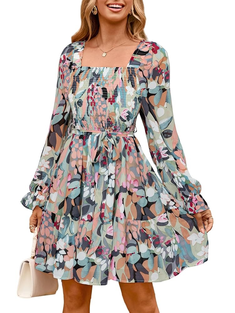 Simplee Womens Boho Long Sleeve Mini Dress Floral Square Neck Smocked A-Line Flowy Short Fall Wed... | Amazon (US)