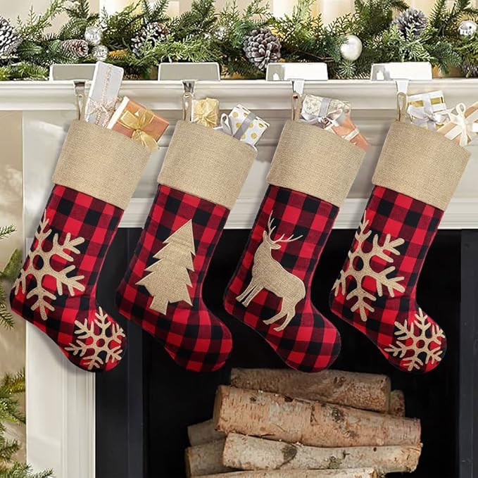Christmas Stockings Decorations 4 Pack, 18 inches Red Black Buffalo Plaid Xmas Ornaments, Rustic ... | Amazon (US)
