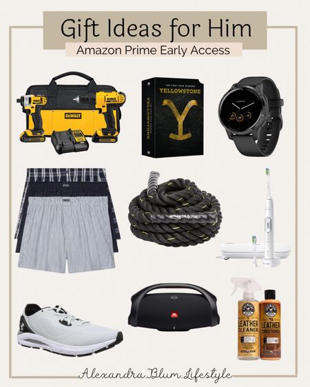 Gift ideas for him from the early access Amazon prime sale event!! Drills, Yellowstone, garmin watch, Calvin Klein boxers, gym rope, electronic tooth brush, under Armour, speaker, and leather polish! 

#LTKmens #LTKshoecrush #LTKHoliday