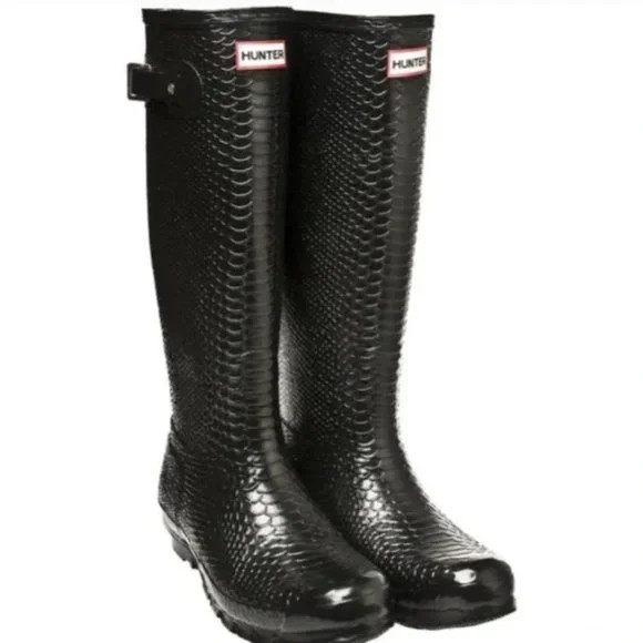 RARE Hunter Black Carnaby Boa Snake Tall Wellington Rain Boots New Size 10 | Poshmark