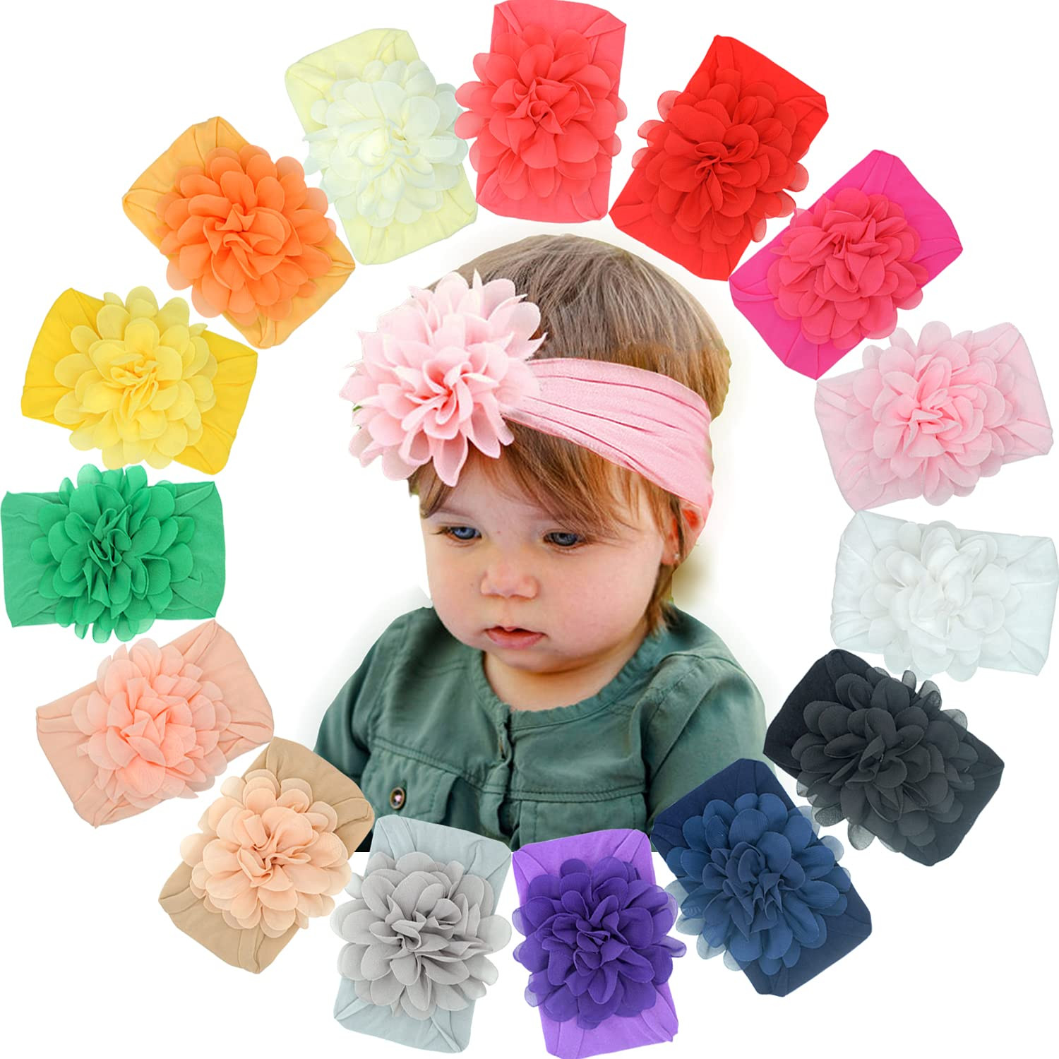 CÉLLOT 15 Pieces Baby Girls Headbands Tulle Hair Bows Head Wraps Chiffon Flowers Bows Soft Stret... | Amazon (US)