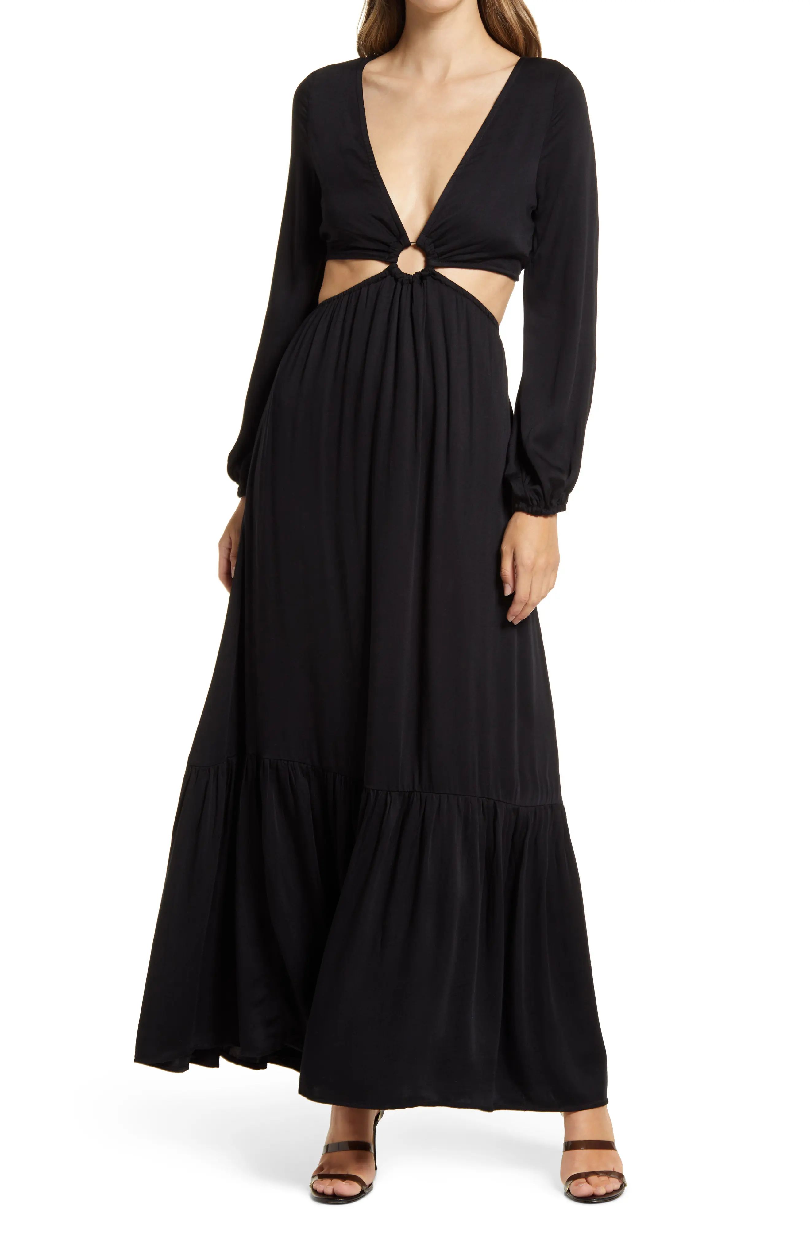 BTFL-life Plunge Neck Cutout Waist Long Sleeve Maxi Dress, Size Small in Black at Nordstrom | Nordstrom