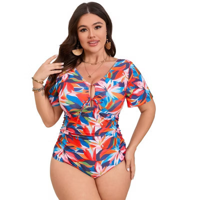 Coolmee Women's Plus Size One Piece Swimsuits Tummy Control Ruffle Bathing Suit Tie Front V Neck Ruched Swimwear colorful 1XL | Target