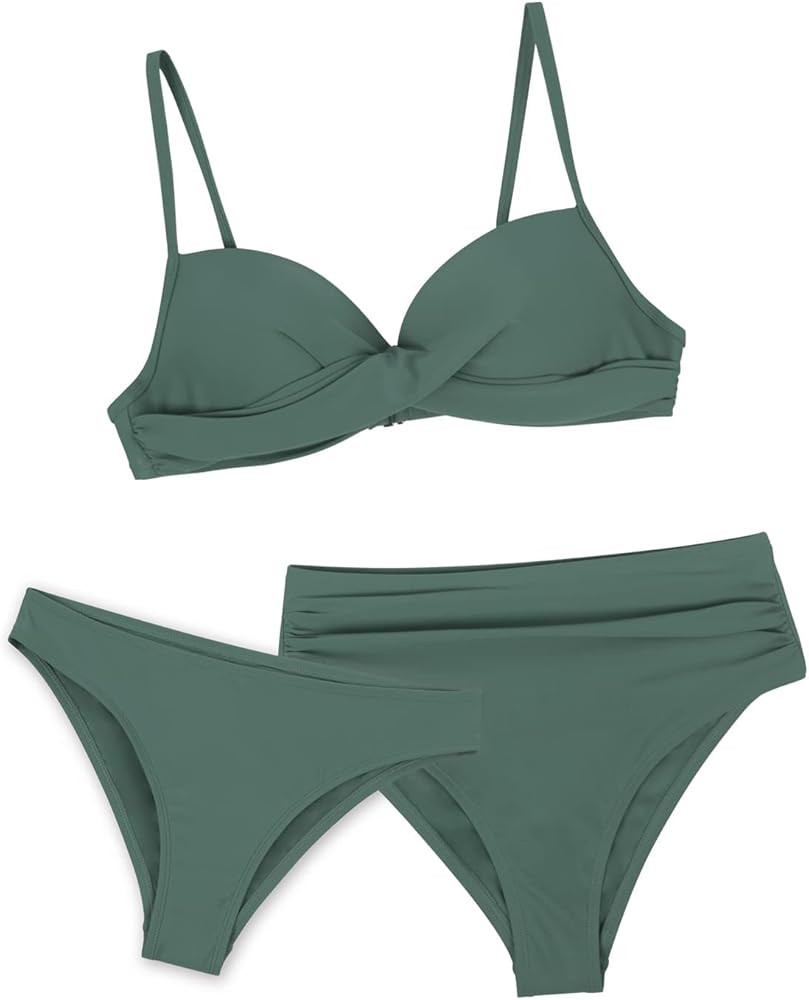 CUPSHE Women Ruched Bikini Twist Front Thin Straps Top Mid Rise Ruched Bottom and Low Waisted Bottom | Amazon (US)