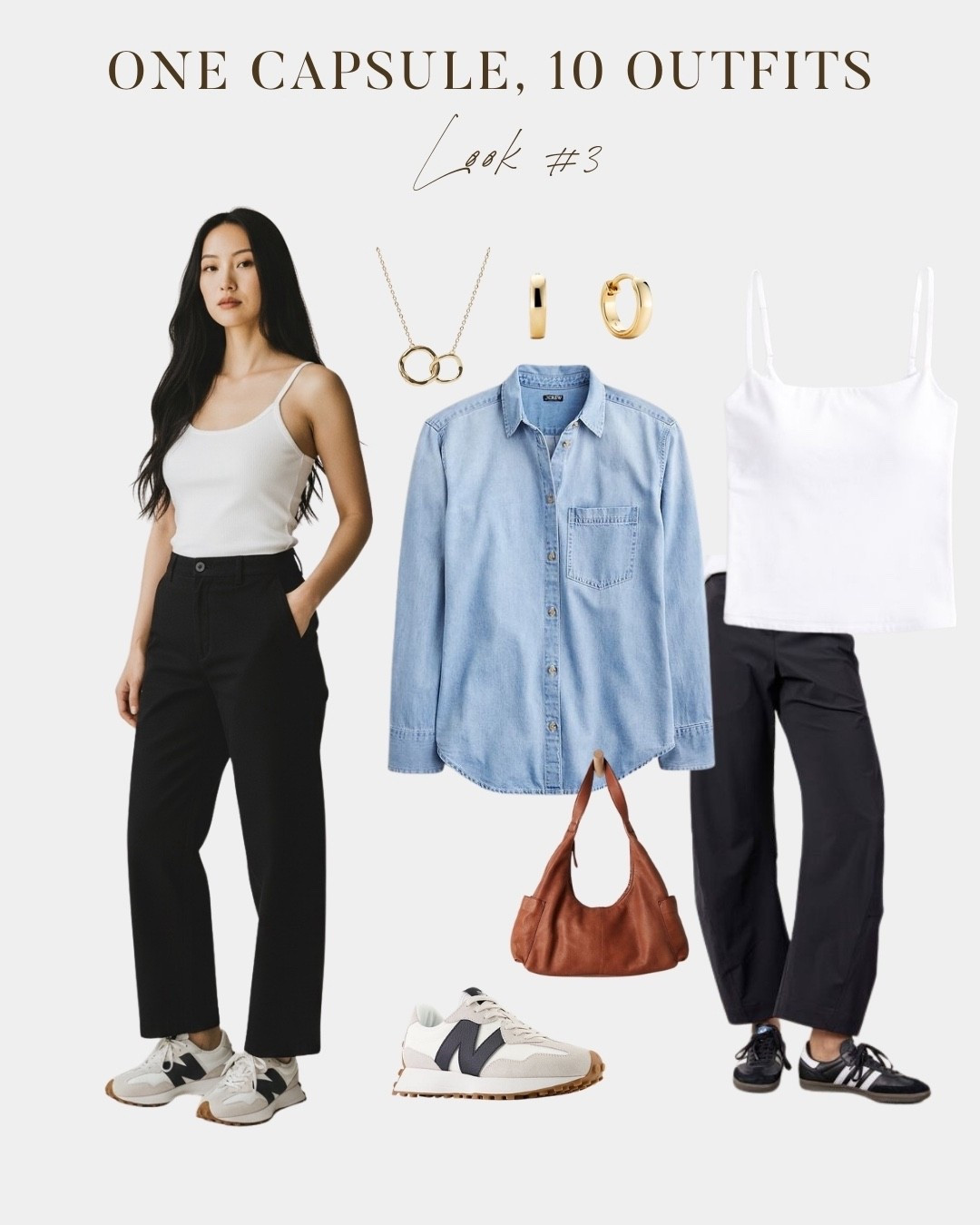 Spring capsule wardrobe outfit featuring black wide leg trousers paired with a denim shirt worn open over a white tank and New Balance sneakers for a casual everyday look. Versatile, comfortable, and easy to wear for work, errands, or a casual day out. Part of a ten outfit spring capsule wardrobe series. 

#LTKmomlife #LTKootd #LTKSeasonal