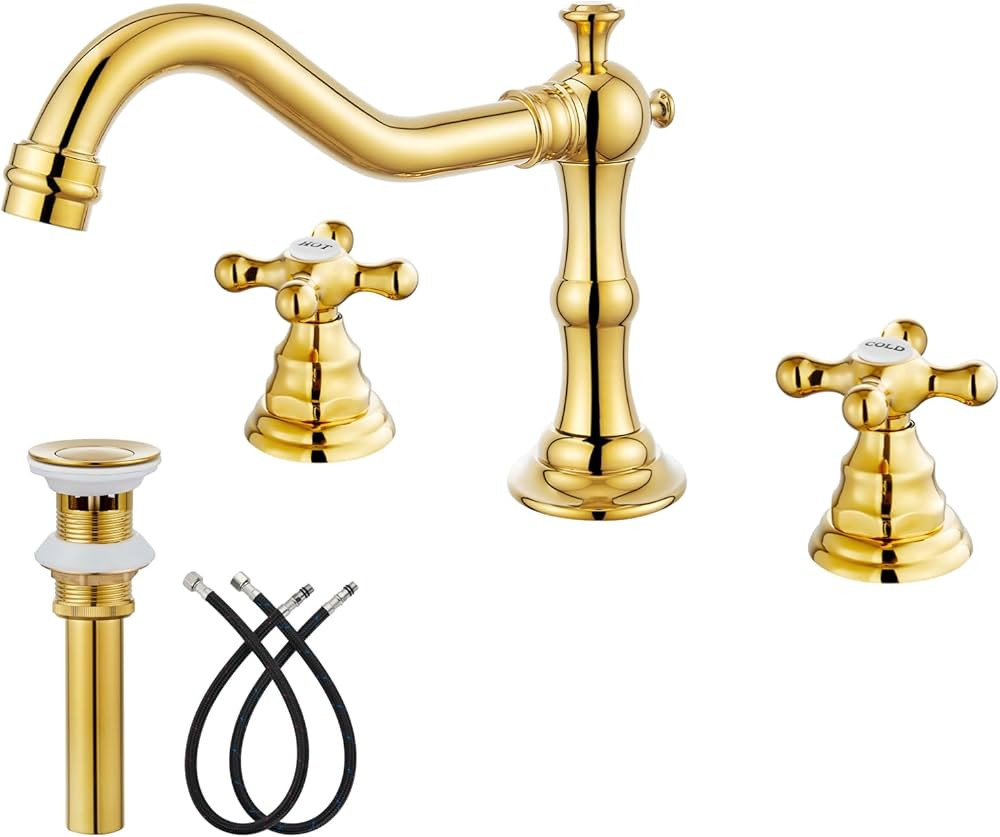 gotonovo Polish Gold Widespread Bathroom Sink Faucet Double Cross Knobs 3 Hole Mixing Tap Deck Mo... | Amazon (US)