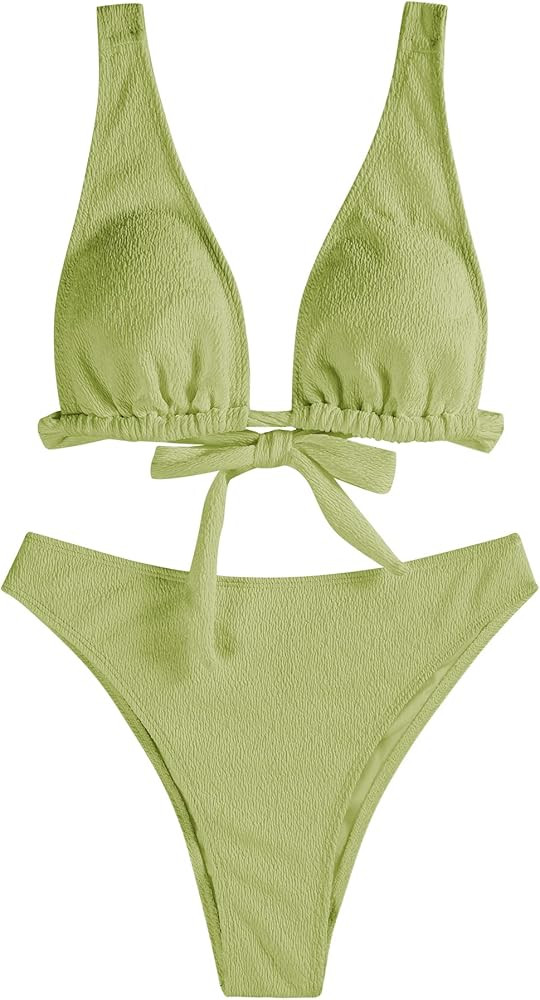 ZAFUL Womens Back Tie Bikini Set V Neck High Waisted Crinkle Longline Plunge Bikini Two Piece Bat... | Amazon (US)