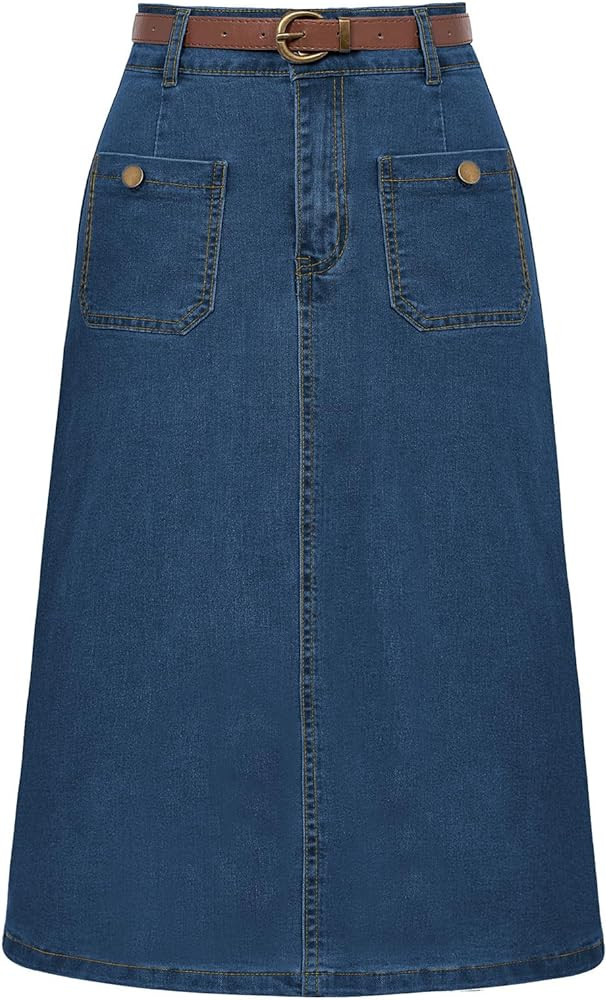 Belle Poque Denim Skirt with Belt Below Knee Length High Waisted Jean Skirts for Women | Amazon (US)
