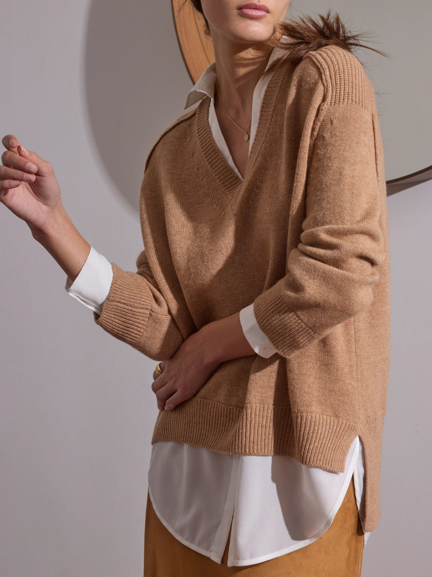 Brochu Walker | Women's V-neck Layered Pullover Sweater in Camel with White | Brochu Walker