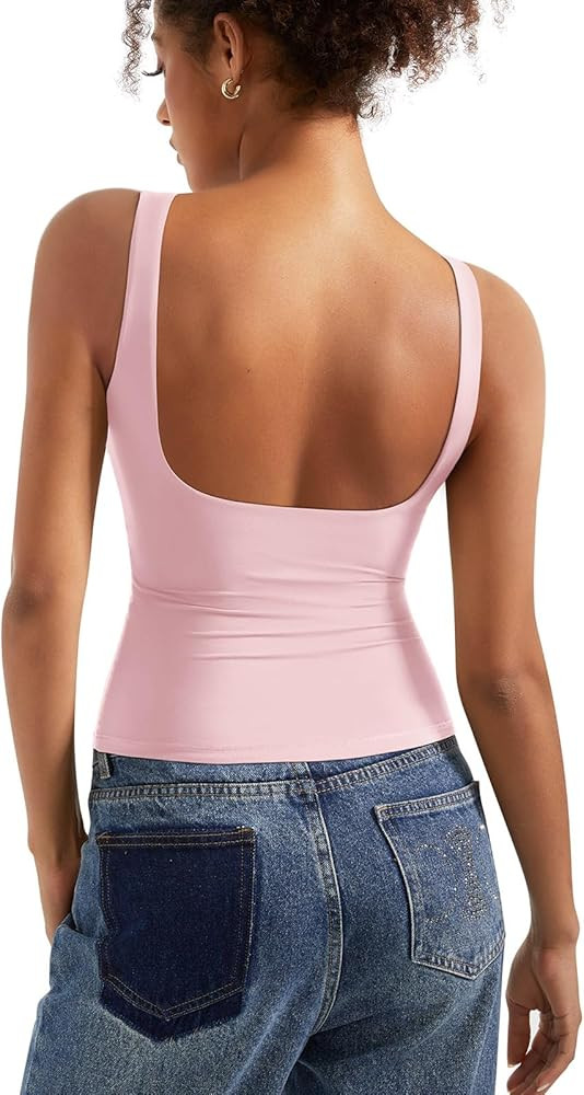 SUUKSESS Women Padded Open Back Boat Neck Tank Tops Double Lined Basic Shirts | Amazon (US)