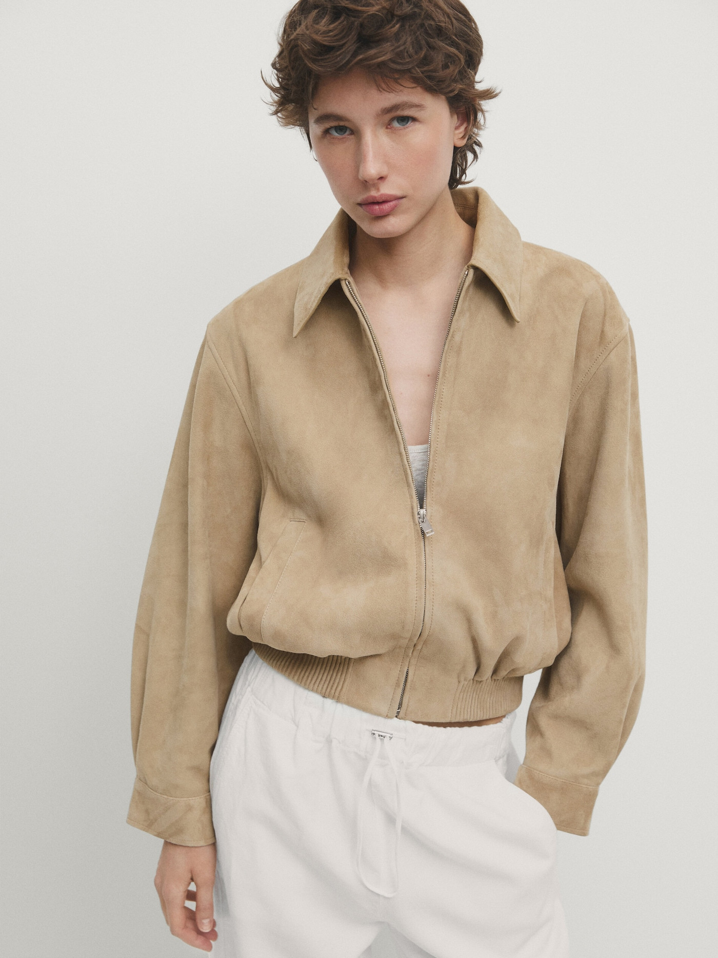 Suede leather bomber jacket | Massimo Dutti US