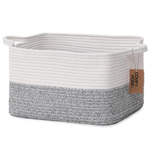 COMFY-HOMI Cotton Rope Woven Basket with Handles for Shelves,Toys,Book, Cloth Storage Baskets Bin for Organizing-13.5"x11"x9.5" Toy Decorative Organizer for Living Room, Bathroom-White/Grey | Amazon (US)