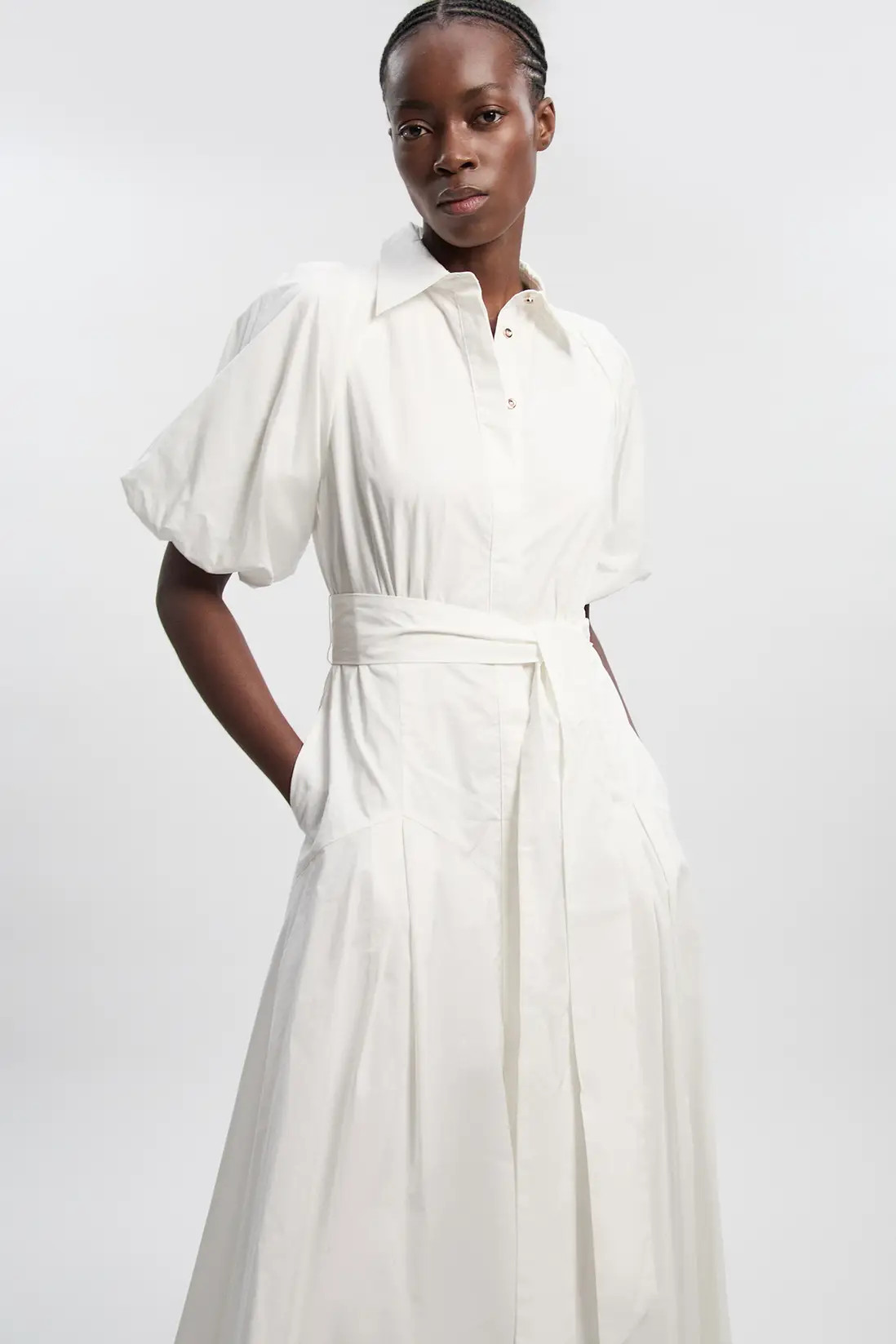 Petite Cotton Puff Sleeve Woven Midi Shirt Dress With Dropped Waist Detail | Karen Millen UK + IE + DE + NL