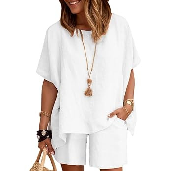 Two Piece Cotton Linen Outfits for Women Summer Casual Half Sleeve Tops and Loose Shorts Fit Stre... | Amazon (US)