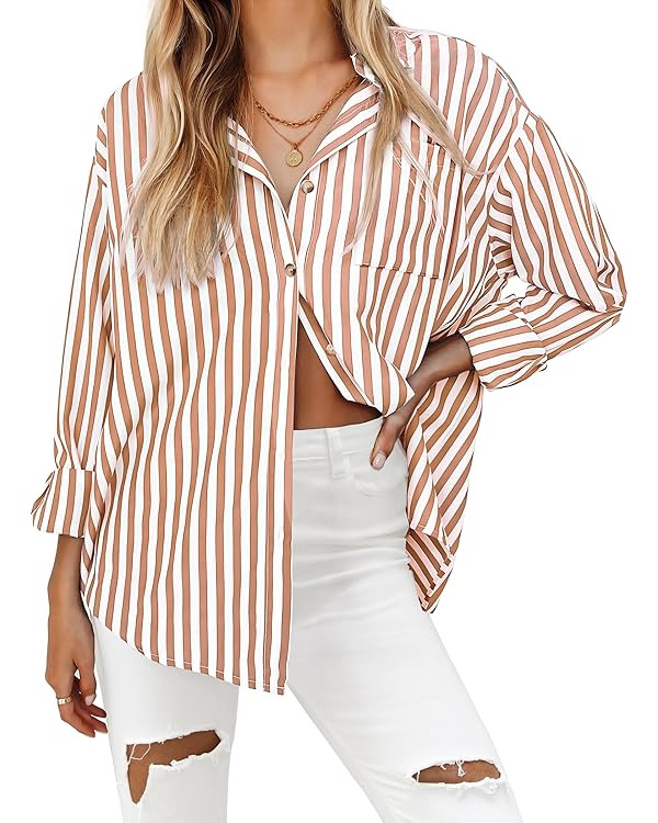 Hotouch Women's Striped Button Down Shirts Casual Long Sleeve Stylish V Neck Blouses Tops with Po... | Amazon (CA)