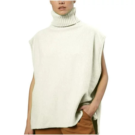 Herrnalise Womens Sleeveless Turtlenecks Sweaters Cap Sleeve Mock Neck Ribbed Knitted Solid Pullover Sweater Vest White L | Walmart (US)