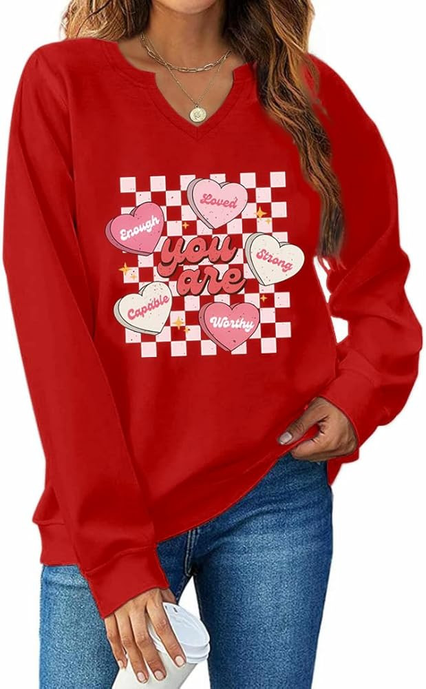 Ymoshoe Women V-Neck Valentine Sweatshirt Love Heart Elbow Patch Shirts Gift for Her | Amazon (US)
