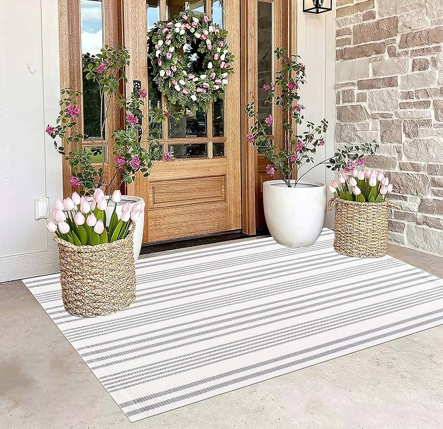BUAGETUP Grey and White Outdoor Rug 3'x 5' Hand-Woven Cotton Washable Rug Striped Front Porch Rug... | Amazon (US)