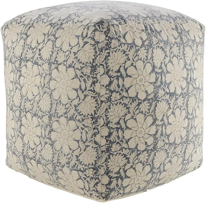 LR Home Pacifica Beige/Blue Large Ottoman Pouf for home decor | Floral Hand-Woven Cotton Square p... | Amazon (US)