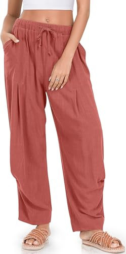 TARSE Womens Linen Palazzo Pants Baggy Casual Harem Pants with Pockets, DustyRose, M | Amazon (US)