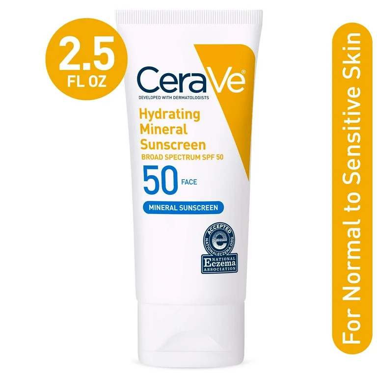CeraVe Hydrating Face Sunscreen SPF 50, Lightweight Mineral Sunscreen, 2.5 fl oz | Walmart (US)