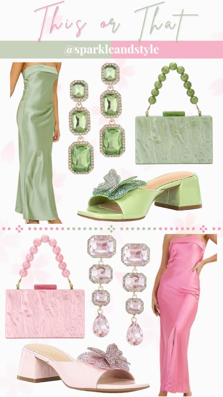 This Or That: Spring Wedding Guest Outfit 

💚 light green satin maxi dress, light green dangly statement earrings, green acrylic clutch, light green butterfly heel sandals
🩷 pink satin maxi dress, light pink dangly statement earrings, pink acrylic clutch, pink butterfly heel sandals 

spring wedding guest outfits, spring wedding guest dress, wedding guest outfits, summer wedding guest outfits, summer wedding guest dress, spring shoes, spring heels, summer heels, summer shoes, girly style, feminine style

#LTKShoeCrush #LTKWedding #LTKFindsUnder100