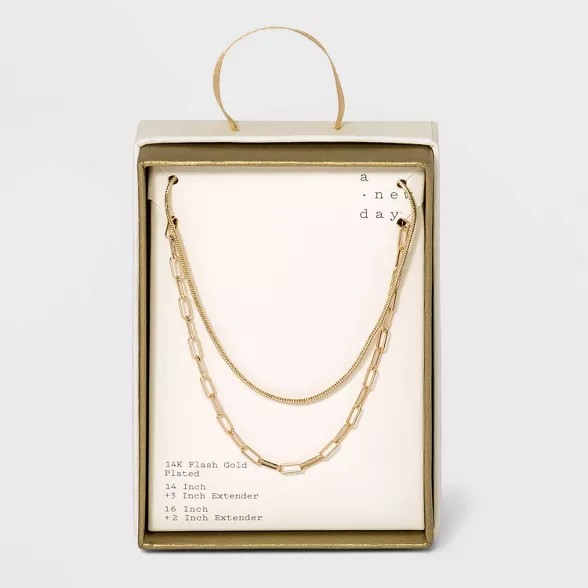 Silver Plated Gold Dipped Link Chain Duo Necklace - A New Day™ Worn Gold | Target