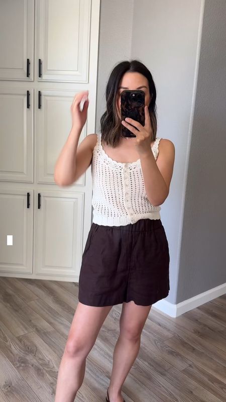 Love these linen shorts. I have these in several colors from the last few years. Super comfy, elastic waist, pockets. Love the dark brown color. Top runs small and cropped. Wearing the xs but could wear the s small. Sandals run tts  

Sandals, summer outfit, petite style 

#LTKSeasonal #LTKFindsUnder100 #LTKShoeCrush