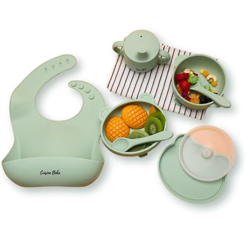 Cuisine Bebe Silicone feeding set for babies | Weaning assistance | 6-pieces | Dinnerware with suction bowl, baby plate, baby cups, bib for baby, spoon & fork | Color green | Amazon (US)