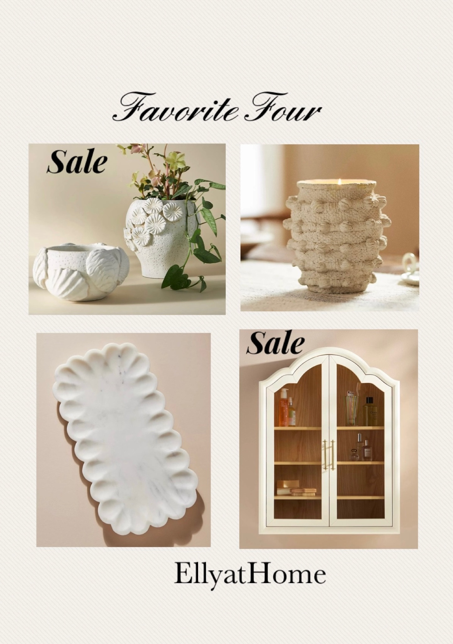 Favorite Four from Anthropologie, Anthro Living. Some selections on sale! Pots, vases, Minka candle, marble trinket dish, wall cabinet on sale. Neutral styling, neutral home decor accessories. Kitchen, dining room, bathroom, living room, bedroom. Sales alert. Free shipping. 

#LTKunder50 #LTKhome #LTKsalealert