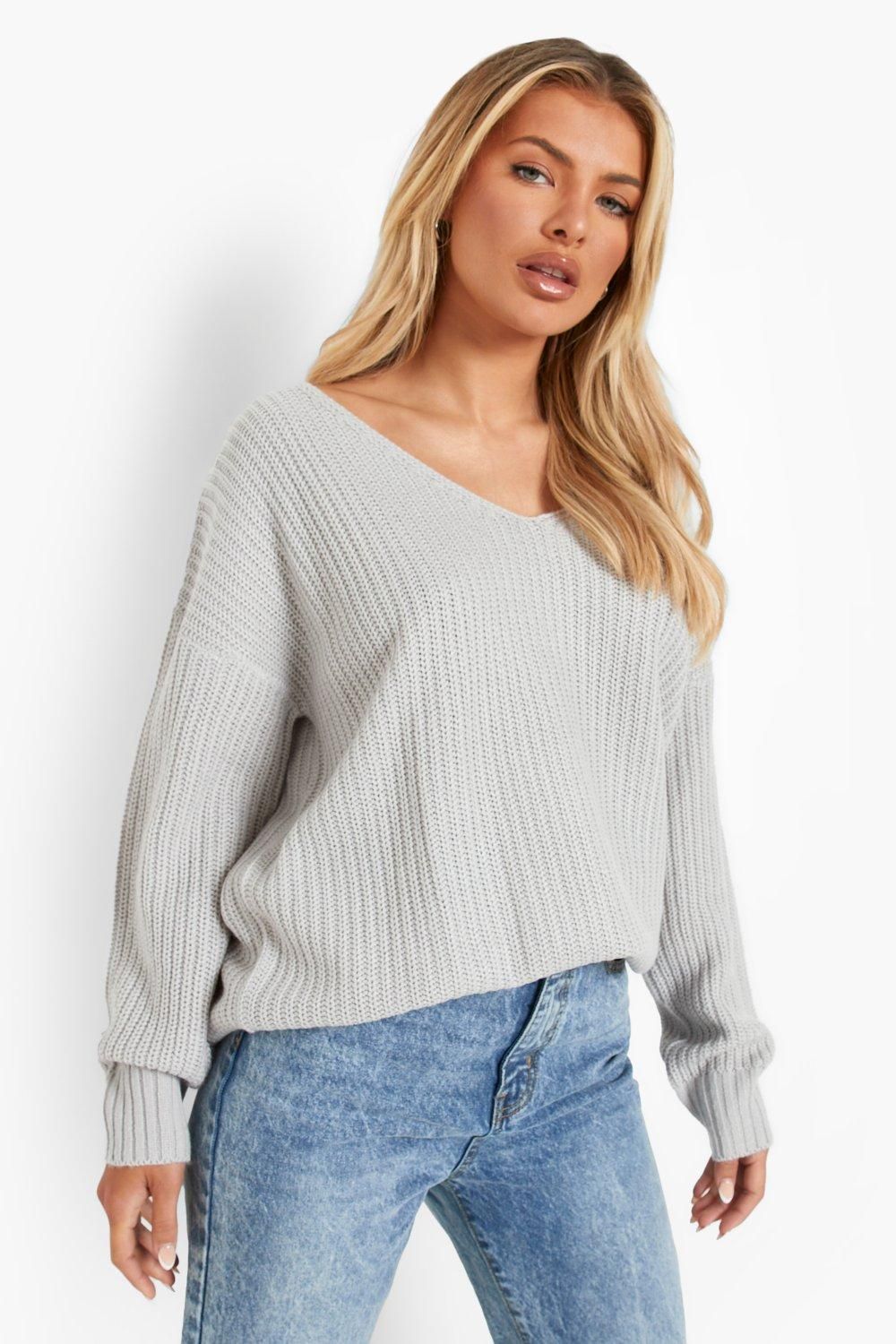 Womens Oversized V Neck Sweater - Grey - S/M | Boohoo.com (US & CA)