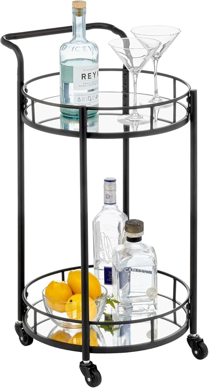 mDesign Metal Vintage Round Beverage Rolling Cart for Home - 2-Tier Serving Bar Trolley with Easy... | Amazon (US)