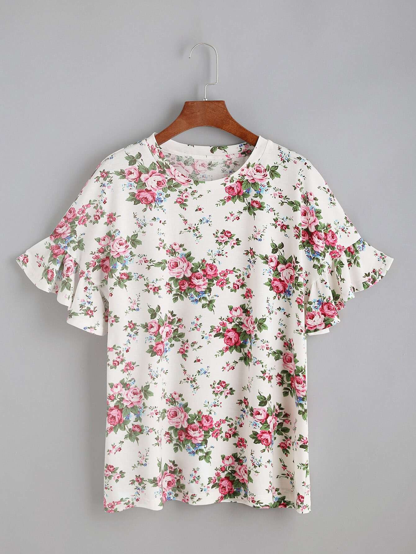 Ditsy Print Frill Sleeve Tee | SHEIN