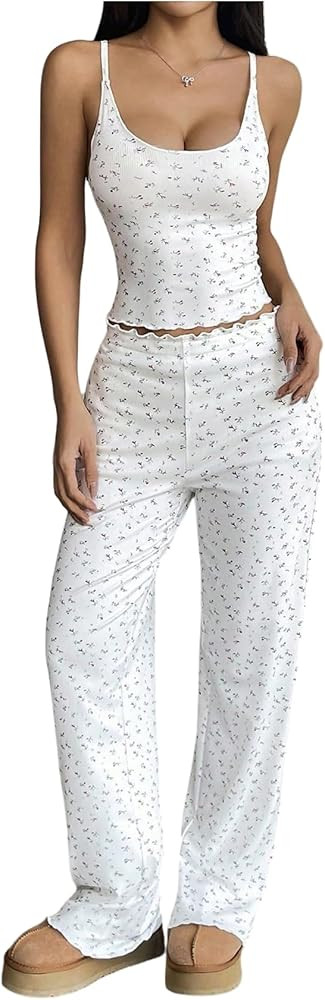 SHENHE Women's 2 Piece Pajama Set Sleeveless Crop Cami Top and Pants Y2k Floral Pjs Loungewear | Amazon (US)