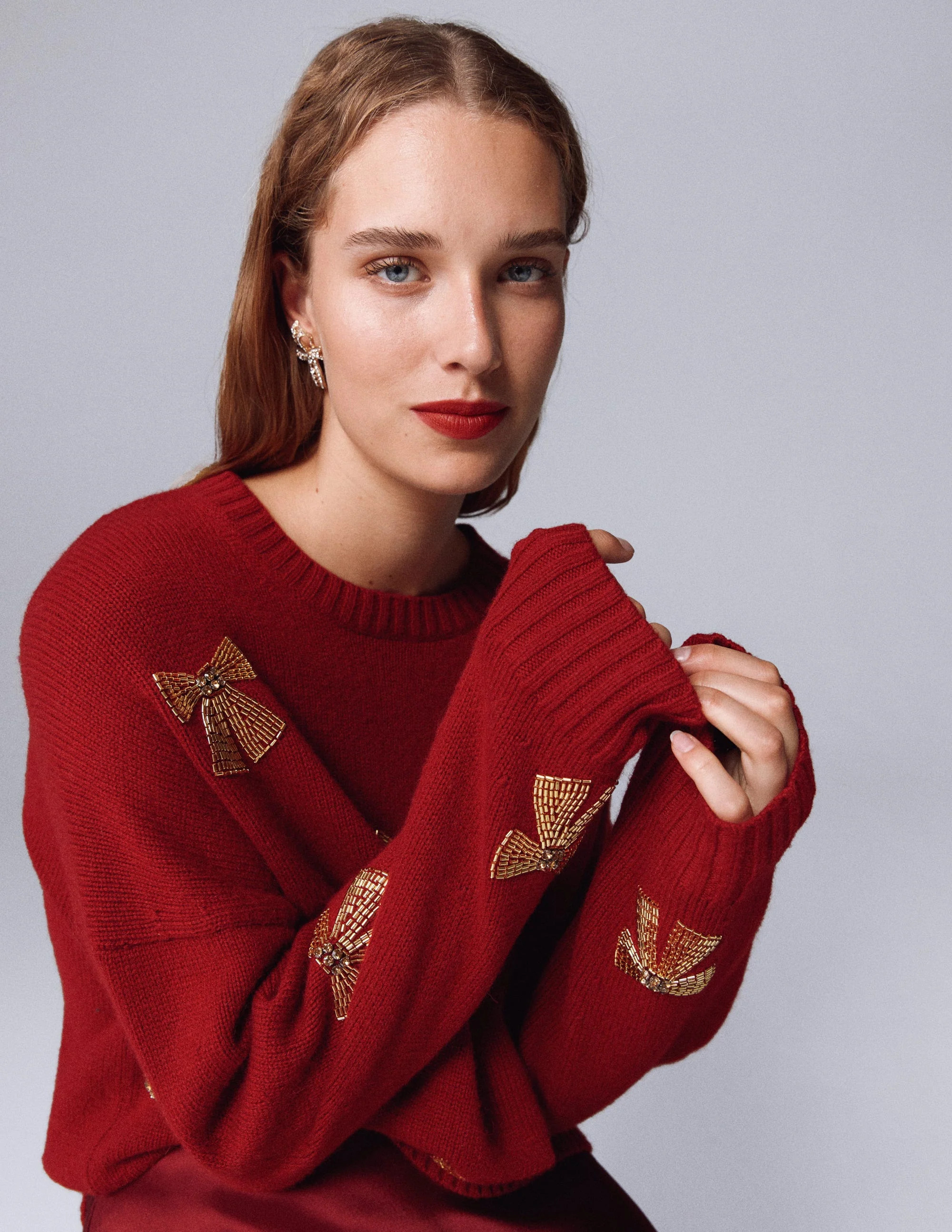 Natalie Embroidered Jumper-Red, Embellished Bows | Boden UK