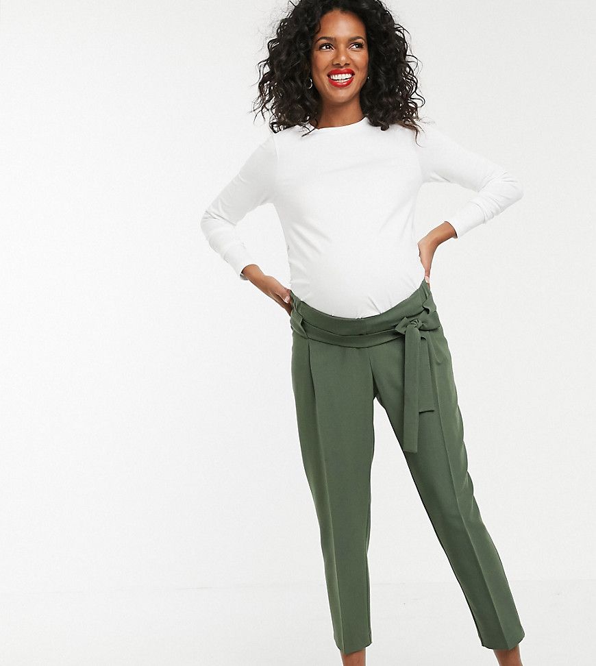 ASOS DESIGN Maternity tailored tie waist tapered ankle grazer pants-Green | ASOS (Global)