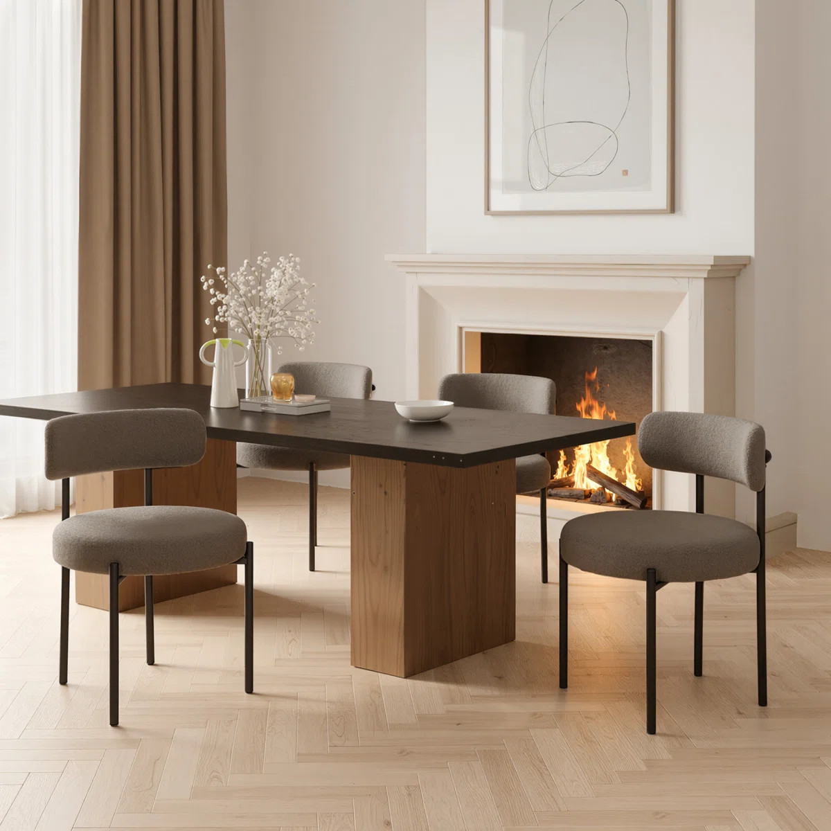 Dining Chairs Modern Teddy Fabric Upholstered Chairs with Curved Backrest and Black Metal Legs | Wayfair UK