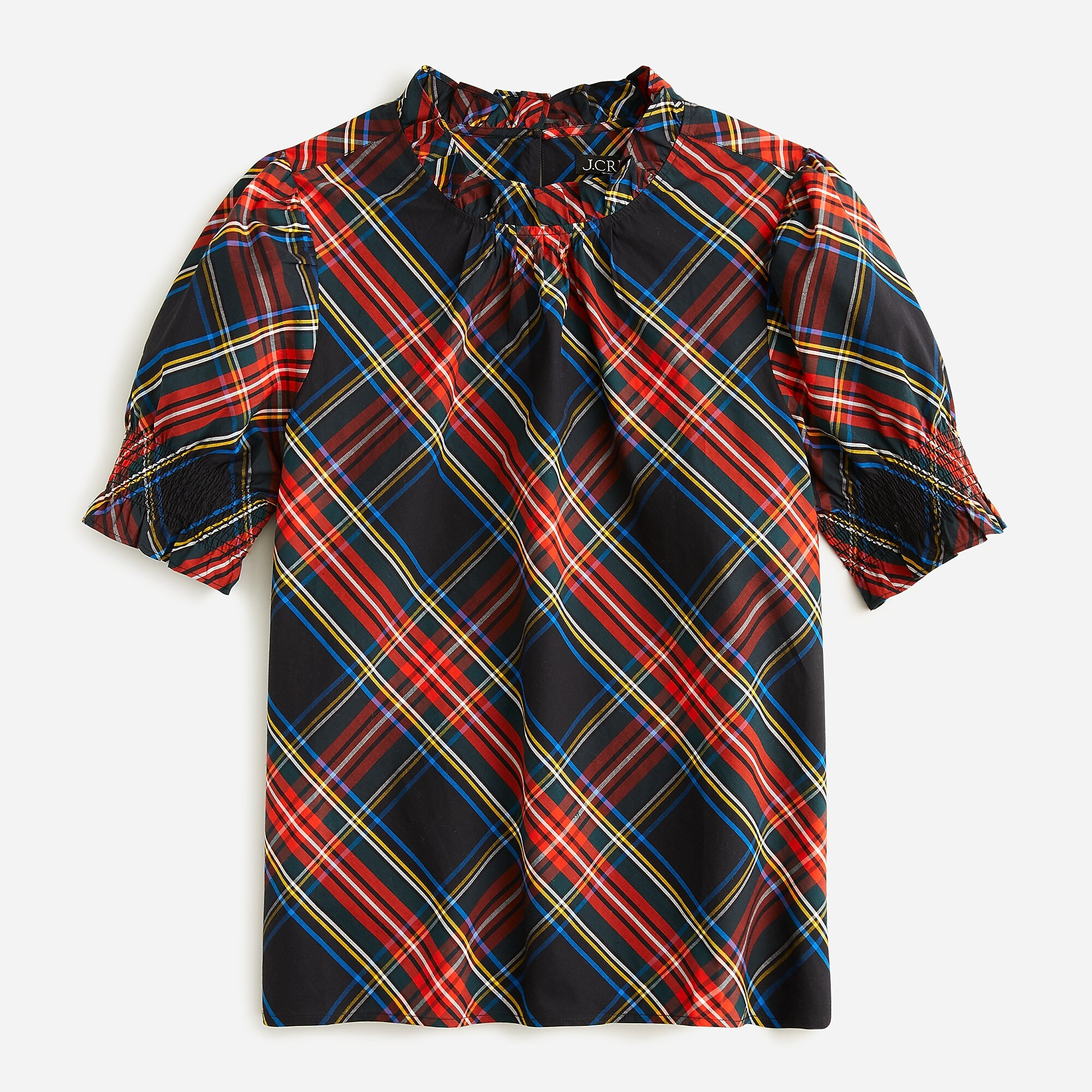 Smocked puff-sleeve cotton poplin top in Stewart tartan | J. Crew US