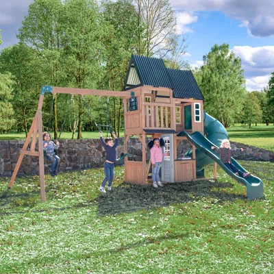 Acadia Manor Wooden Swing Set with 2 Slides, Rock Wall, Play Kitchen, Tic-Tac-Toe and Ladder | Wayfair North America