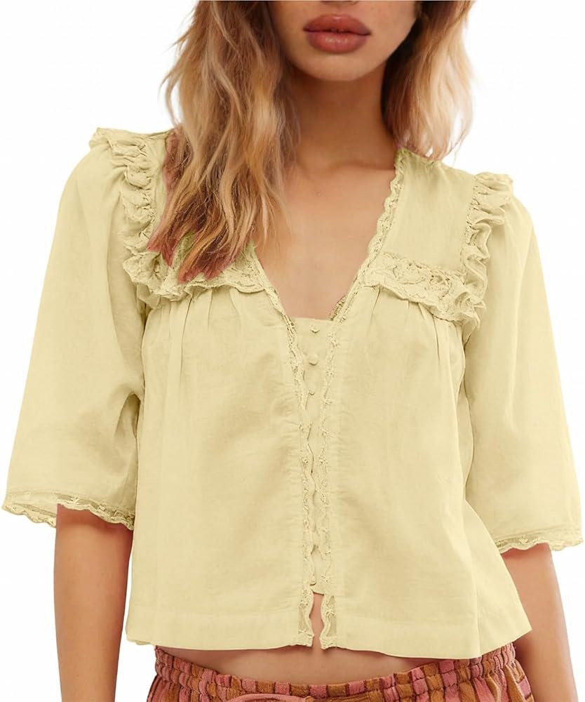 Women Y2K See Through Peplum Shirt Ruffle Lace Trim Buttons Tops Short Sleeve Doll Collar Babydol... | Amazon (US)