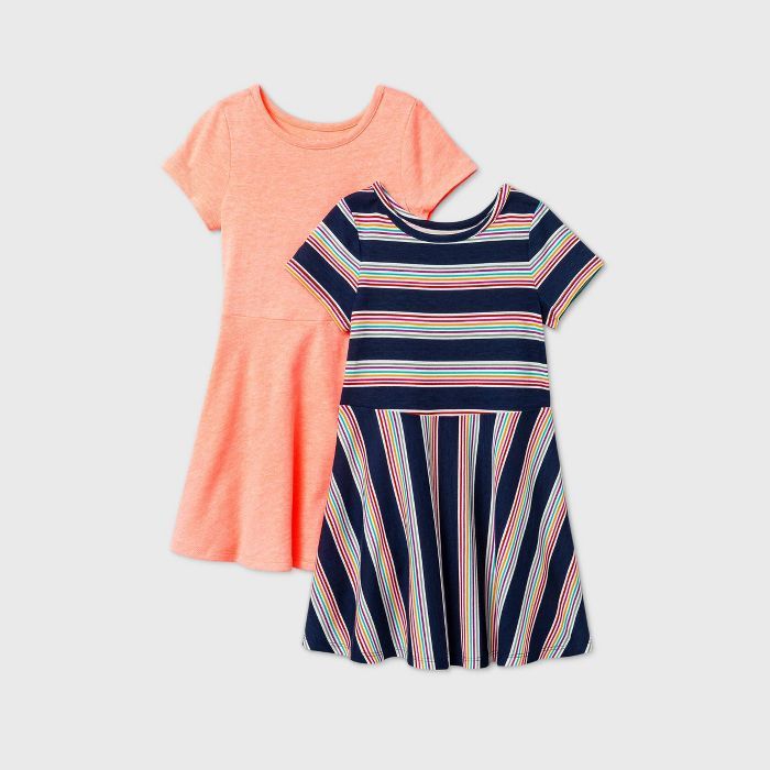 Toddler Girls' 2pk Striped and Solid Dress - Cat & Jack™ Navy/Neon Peach | Target