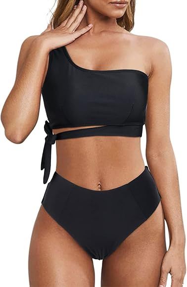 Wantonfy Damen Bikini Sets High Waist Schwimmanzug Zweiteiliger Badeanzug EIN Schulter Bademode S... | Amazon (DE)